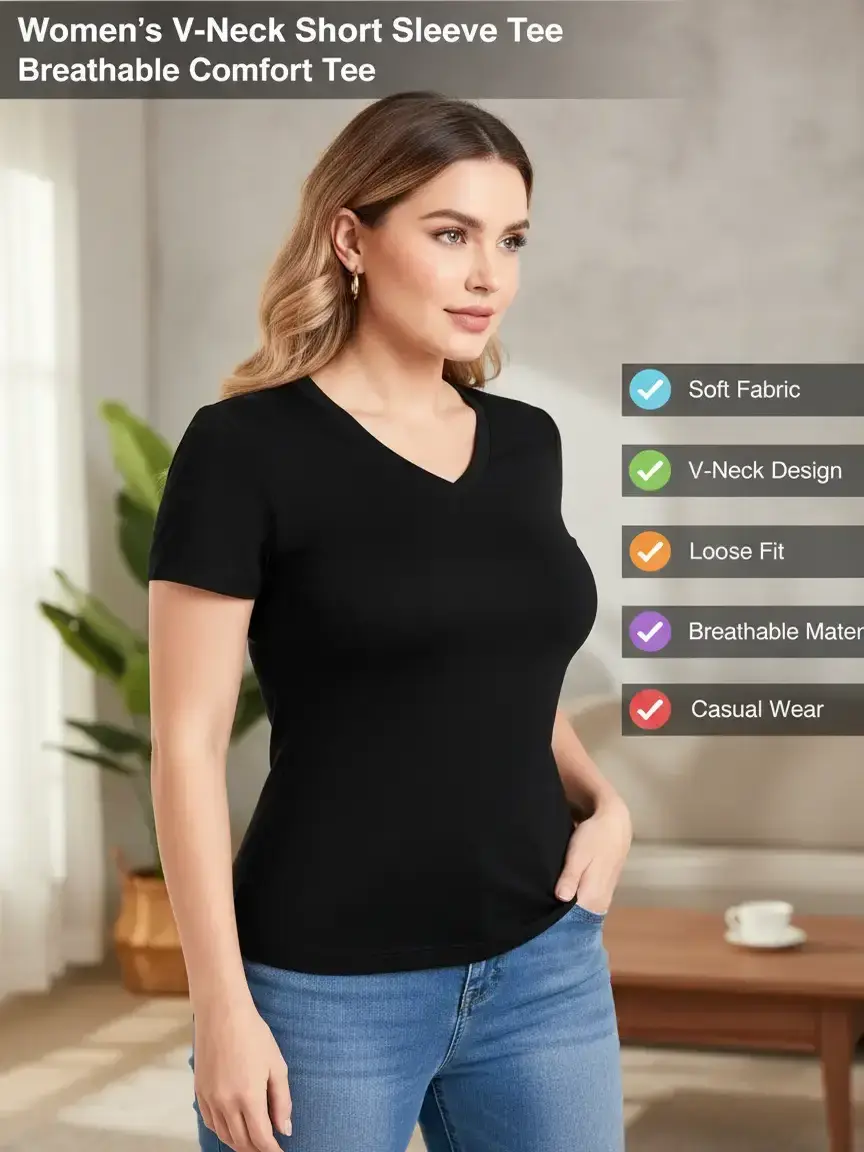 Women's Shortsleeve V-Neck T-Shirt - Soft Loose-Fit Breathable Basic Casual Women's Clothes, 2026 Everyday & Beach Vacation Wear, Female Trailblazer Apparel Sports Rivalry Tee