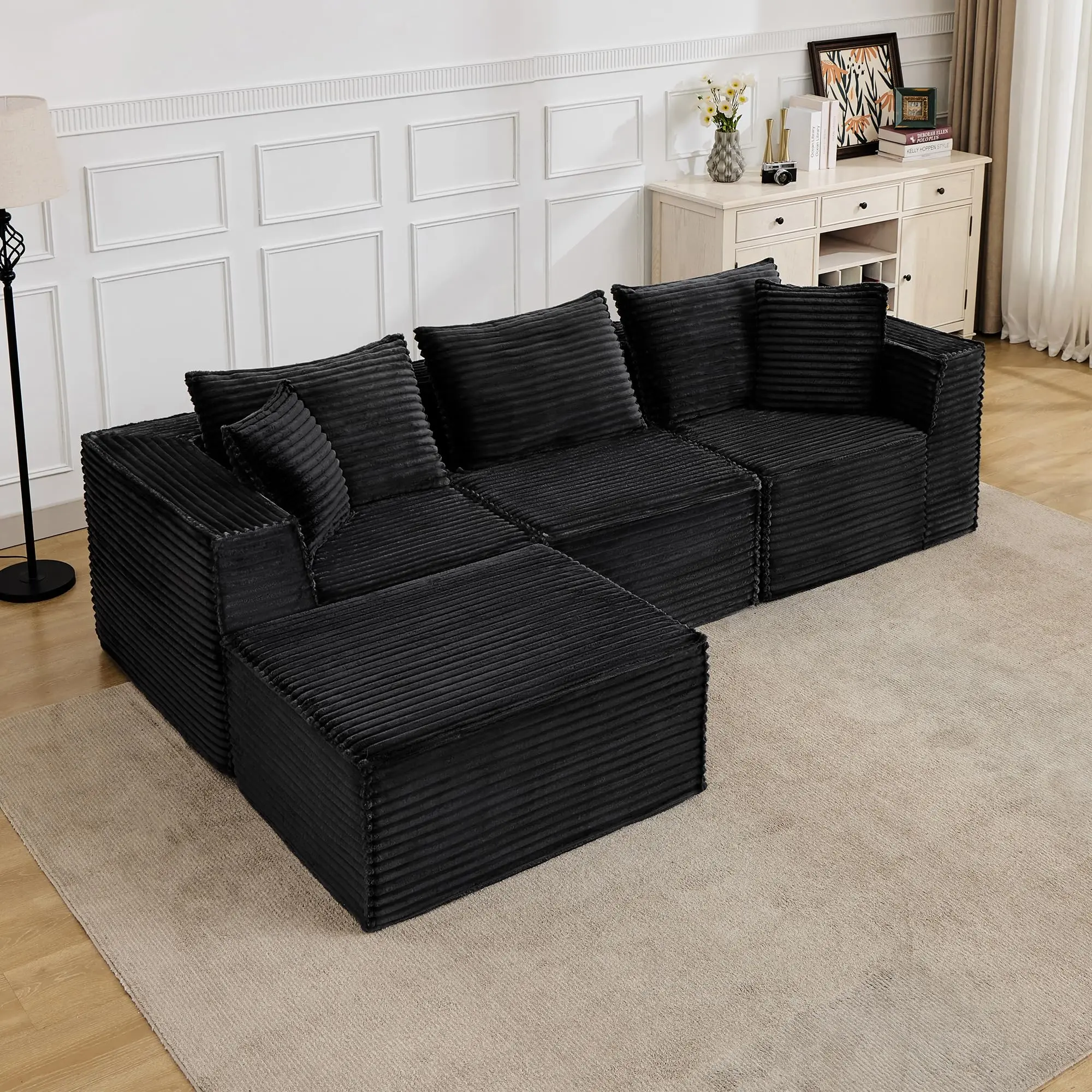 Garvee 107" Armless Modular L-Shape Sectional Sofa, Modern Foam Cloud Couch with Deep Seat & Chaise, 3-Seater + 1 Ottoman for Living Room/Apartments, No Assembly Required, Black