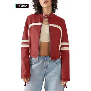 Women's Colorblock Pocket Zip Up Pu Leather Jacket, Casual Street Fashion Slim Fitted Long Sleeve Button Stand Collar Red Outdoor Wear, Jackets for Women, Ladies Clothes for Fall & Winter, Casual Fashionable Jacket, Longsleeves Womenswear Coats Tops qipao