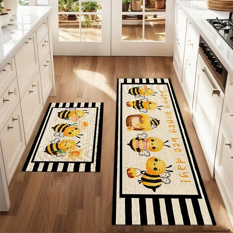 2Pcs Spring and summer bee stripes Floor mat set including farmhouse kitchen Pattern Rug dining room flooring laundry room decorative carpet mat