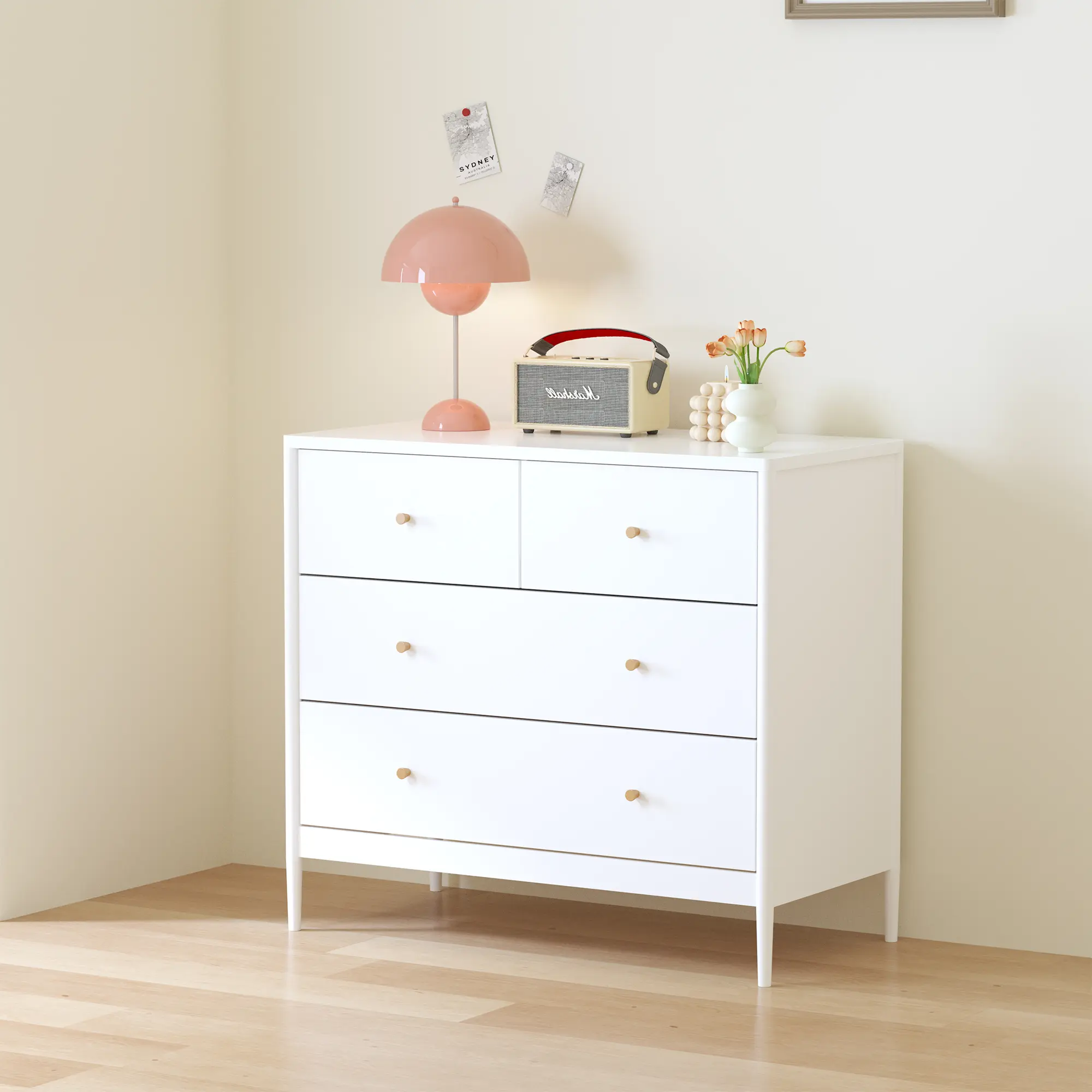 Dufominc Classic 35.4" Width Solid Poplar Wood 4-Drawer Dresser, White Storage Cabinet with Antique Brass Pulls, Nursery Anti-Tip Safety Kit, Assembly Required Indoor Furniture Organizer, 5-Day Fast Delivery