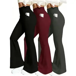 3PCS Women's High Elastic Breathable Pants With Side Pockets, Flared Leg, High Waist, Tummy Control, Soft & Comfortable Yoga Trousers, Outdoor Running Workout For All-season design