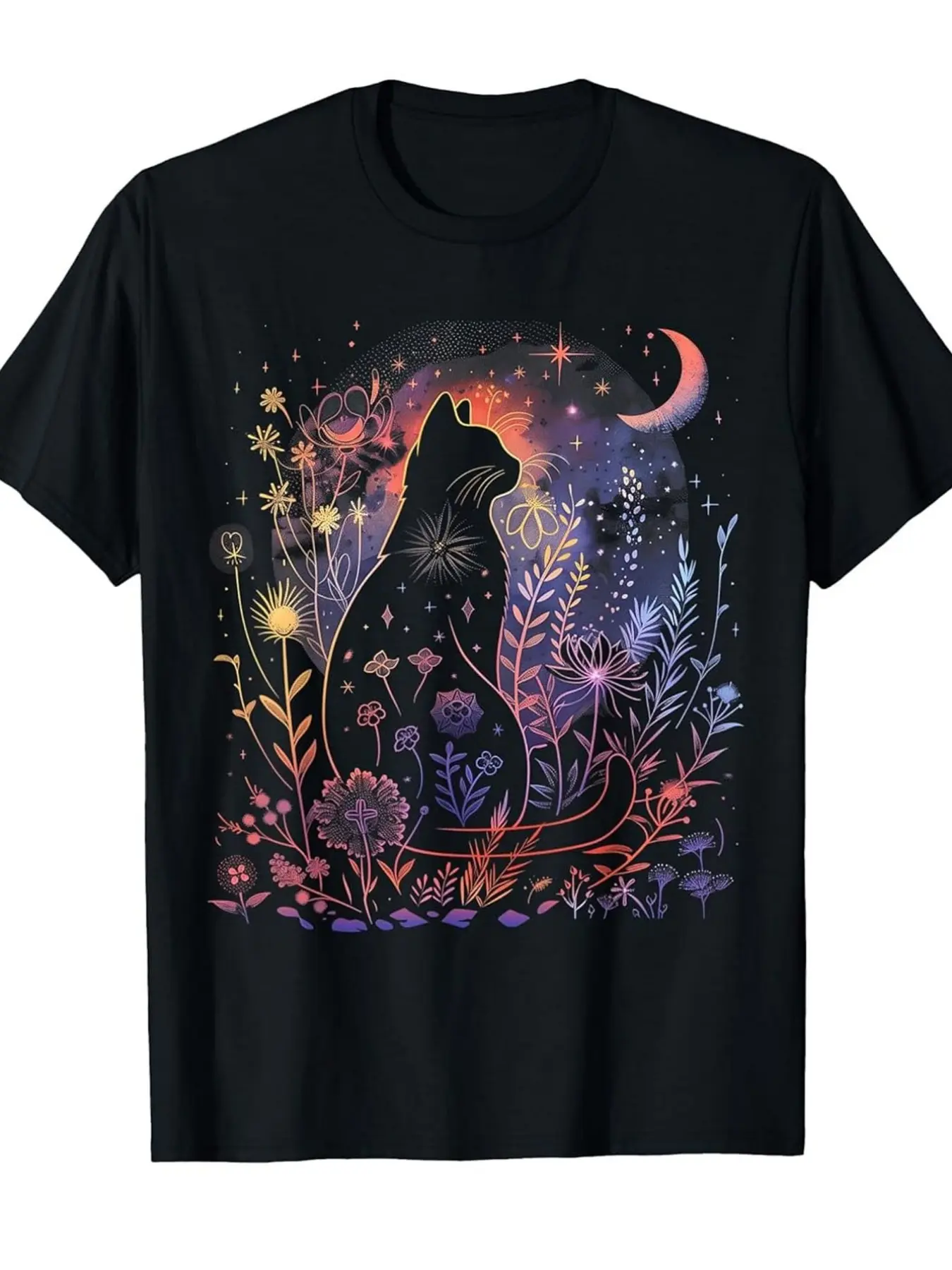 Men's & Women's Gothic Black Cat & Moon TShirt with Glowing Fairy Mystical Night Sky Print Loose Fit Round Neck Smooth Texture for Halloween Costumes & Gothic Party Outfits Yea Classic Retro Style Round Neck S Machine Washable Ideal for Casual