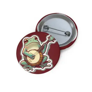 Frog Playing Banjo Button - Green Frog with Banjo, Round Design, Red Background, Ideal for Gifts and Decor