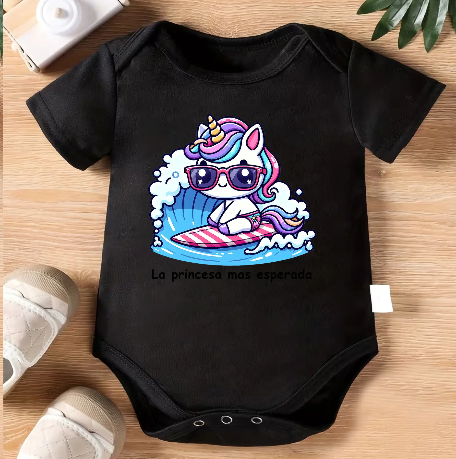 Unicorn Surfing Baby Bodysuit | La Princesa Mas Esperada Infant Onesie | Cute Spanish Unicorn Baby Outfit | Rainbow Unicorn Newborn Romper | Summer Beach Baby Shower Gift | Kawaii Baby Clothes