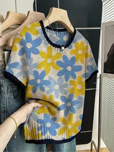Women's Floral Print Round Neck Sweater, Casual Short Sleeve Knitwear for Spring Summer Fall, Comfortable Warm Daily Wear