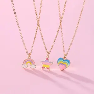 Lovecryst 3Pcs/set Rainbow Five-pointed Star Heart-shaped Alloy Best Friend Necklace for Kids Girls Fashion Friendship Gifts