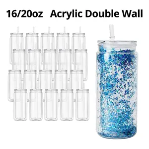 25/50 pack 16oz Clear Plastic Double Wall Snow Globe Tumblers with Lids and Straws, Pre Drilled Double Wall Insulated Acrylic GlitterCups | Reusable Party Cups for Iced Coffee, Bubble Tea, DIY Crafts & Events | BPA-Free Transparent Water Bottles
