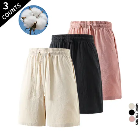 Men's 3-Pack Loose Baggy Plain Soft Cotton Casual Menswear Shorts - Elastic Drawstring, Lightweight, Apricot, Beetroot Pink for No-Fuss Everyday Summer Wear