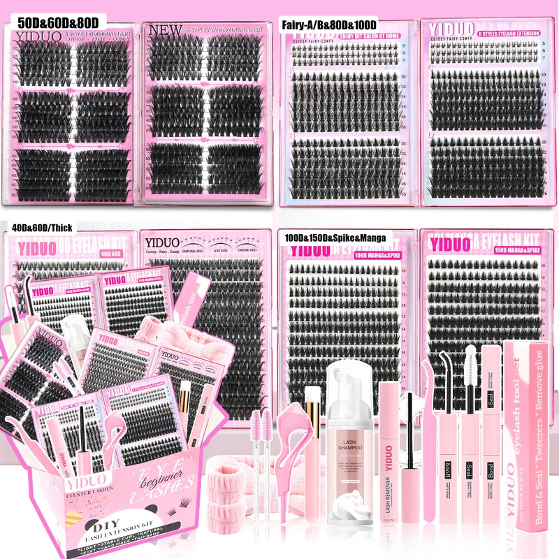 YIDUO 13-Style Eyelash Clusters Kit (Volume 40D-150D & Bottom Lashes), 2102pcs Lash Clusters Extension Kit, Individual Lash Extensions, Siren Lashes, Eyelash Extension Set with Bond & Seal, for Beginners & Professionals, Eyelashes Clusters Kit