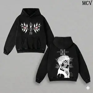 Upper Moon Demon Inspired Washed Hoodie, Double Print Anime Streetwear Oversized Pullover