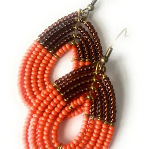 Alili Bold  accessories Handmade Tear Drop Earrings   Seed Bead Earrings Wear Unique Lightweight Orange & Brown Beads