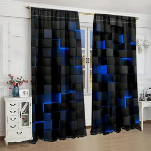 Suitable for Living Room and Bedroom Retro Style 3D Blue Geometric Pattern Curtains - Set of 2 Semi-Transparent Decorative Panels, Brushed Fabric, Fade-Resistant Print, Rod End Design for Easy Hanging, Machine Washable, Artistic Theme Window Treatment, Su