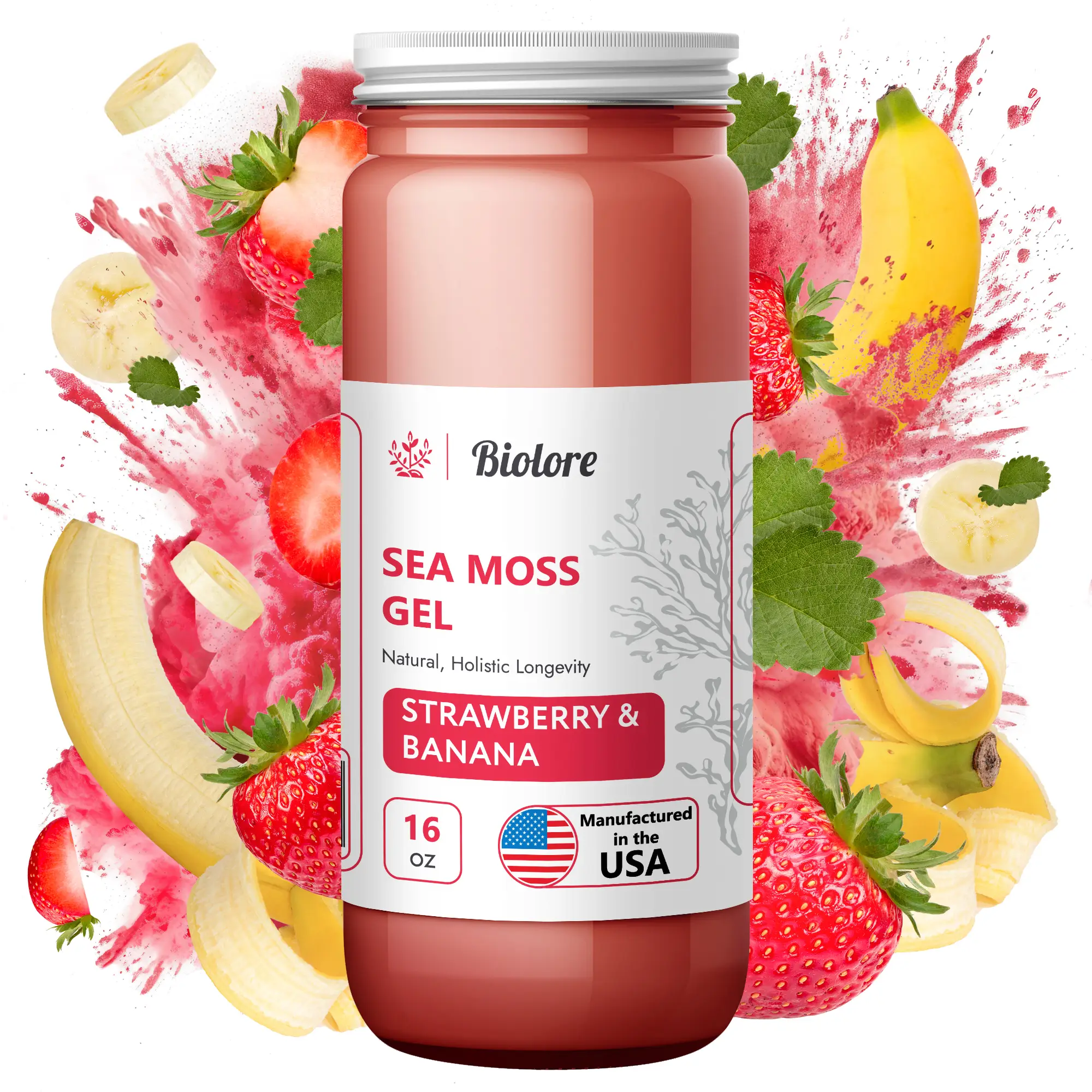 Biolore Strawberry-Banana Sea Moss Gel – Wildcrafted Irish Sea Moss Superfood with Essential Nutrients for Immune Support – 16oz, Made in USA