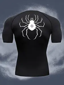 Men's Spider Print Round Neck Sports Tee, Tight Sporty Breathable Comfortable Short Sleeve T-shirt for Gym Workout, Men's Sportswear for All Seasons, Gym T Shirts