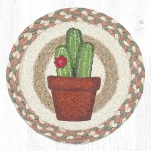 212 MAIN 80-661C2 10 in. MSPR-661 Hand Stenciled Cactus Print Natural Jute Round Trivet, Coasters for Table, Kitchen Tableware