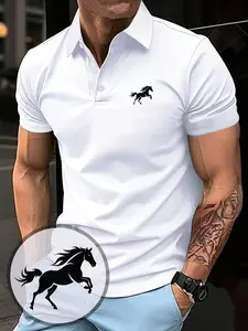 Men's Polo Shirt, Casual Fashion Home Wear, Solid Color Short Sleeve Horse Print, Contrast Collar, Breathable Daily/golf Shirt, Multiple Colors