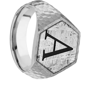 Large Hexagon signet ring (18.5x16mm) in Palladium Silver, with a Wide style band, a Meteorite inlay and a Book Antiqua 1 engraving.