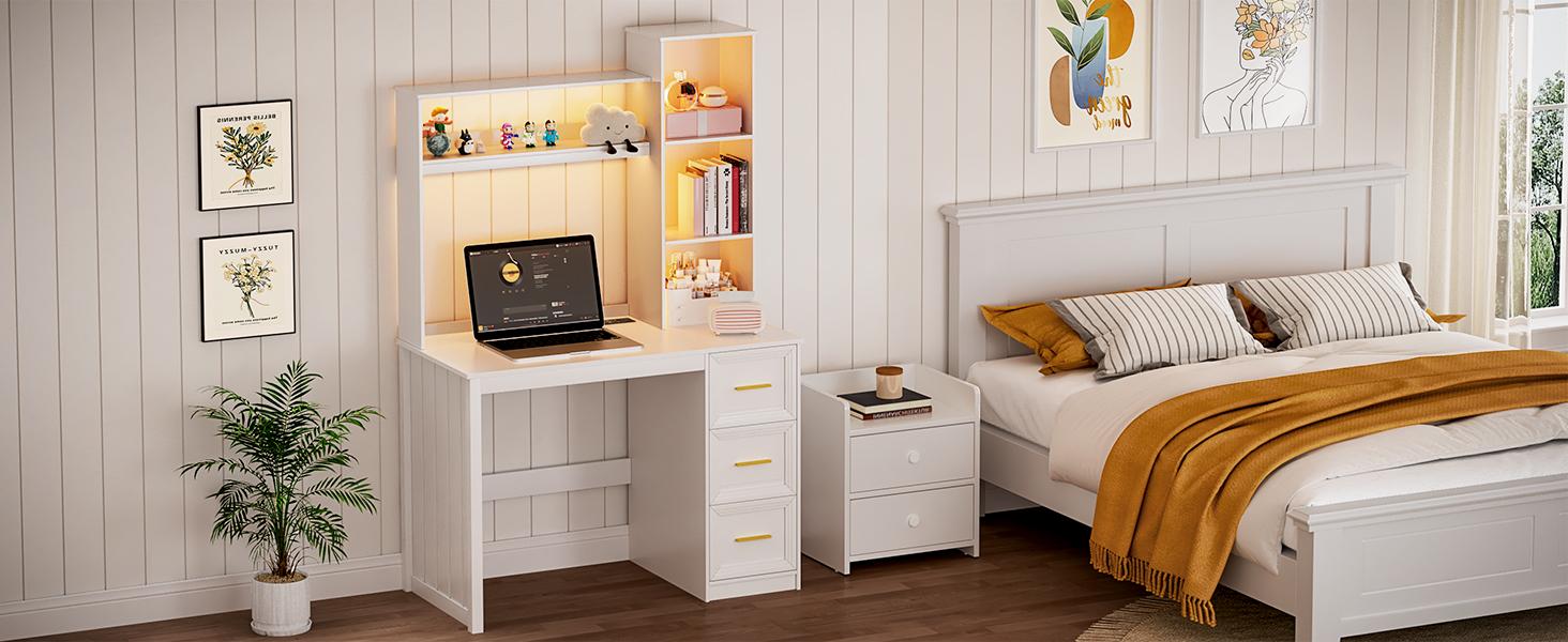 FREDEES  40” Home Office Desk with Hutch and Drawers, Computer Desk with Power Outlets and LED Light, Study Writing Gaming Table with Storage Shelves, Workstation for Bedroom