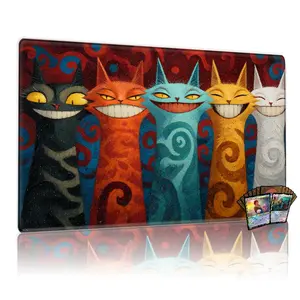 Smiling Cats Pattern MTG Playmat - 12x24in Non-Slip for TCG Games, Ideal for Family Gathering, Party, and as a Perfect Gift for Card Game Enthusiasts