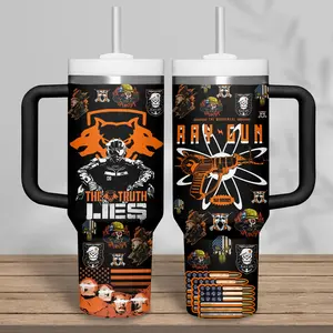 COD FPS Shooter video game Inspired 40oz Handle Tumbler – Black & Orange Ray Gun Style Stainless Steel Cup, Military Gamer Gift Travel Mug