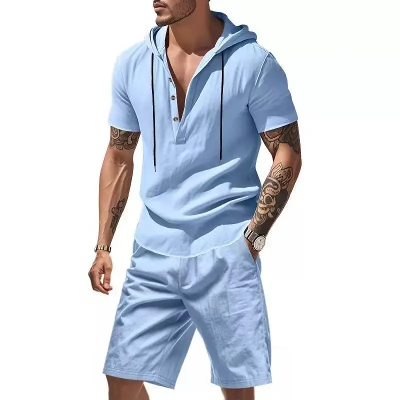 Men’s fashion linen set with hooded short sleeve top and shorts, casual vacation style, breathable fabric, hoodie and elastic waist shorts, summer beach casual outfit(If you are of a tall build, it is recommended that you go for a size larger.)