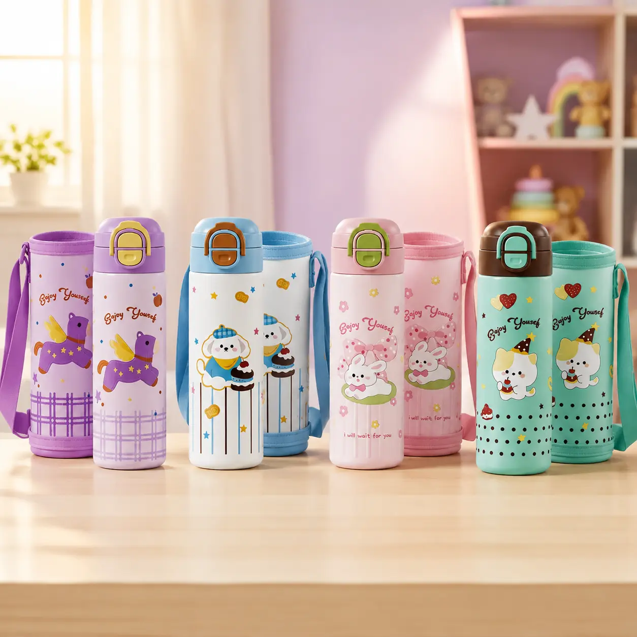14.2oz (420ml) Cute Cartoon Kids Thermos Water Bottle with Sleeve & Strap, 316 Food Grade Stainless Steel Vacuum Insulated Bottle, BPA-Free Leakproof Bottle for School, Sports & Travel