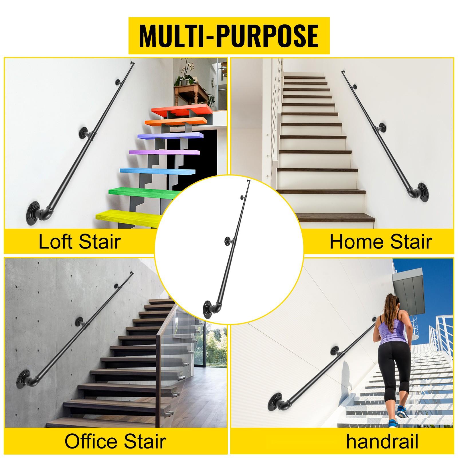 Pipe Stair Handrail, 9 Ft Staircase Handrail, 440 Lbs Load Capacity Carbon Steel Pipe Handrail, Industrial Pipe Handrail With Wall Mount Support, Round Corner Wall Rails For Indoor And Outdoor Use