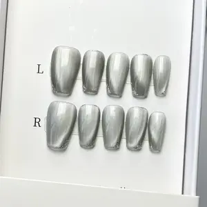 Luxury Nail Freedom! Silver Cat Eye Glitter Edge Press Ons, Get Baddie Nails In 5 Mins, No Salon Needed
