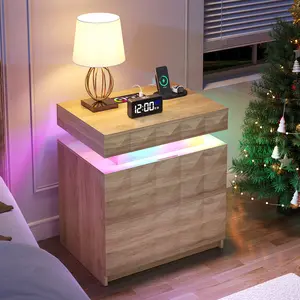 FREDEES LED Nightstand with Charging Station,3 Drawers Night Stand with Lockable Hidden Storage,Smart Bedside Table with Human Sensor RGB Lights for Bedroom,Wood