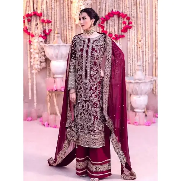 DESIGNER GEORGETTE CHAIN STITCH EMBROIDERY SEQUENCE WITH BEADS WORK TOP PALAZZO WITH DUPATTA PINK SIZE XL