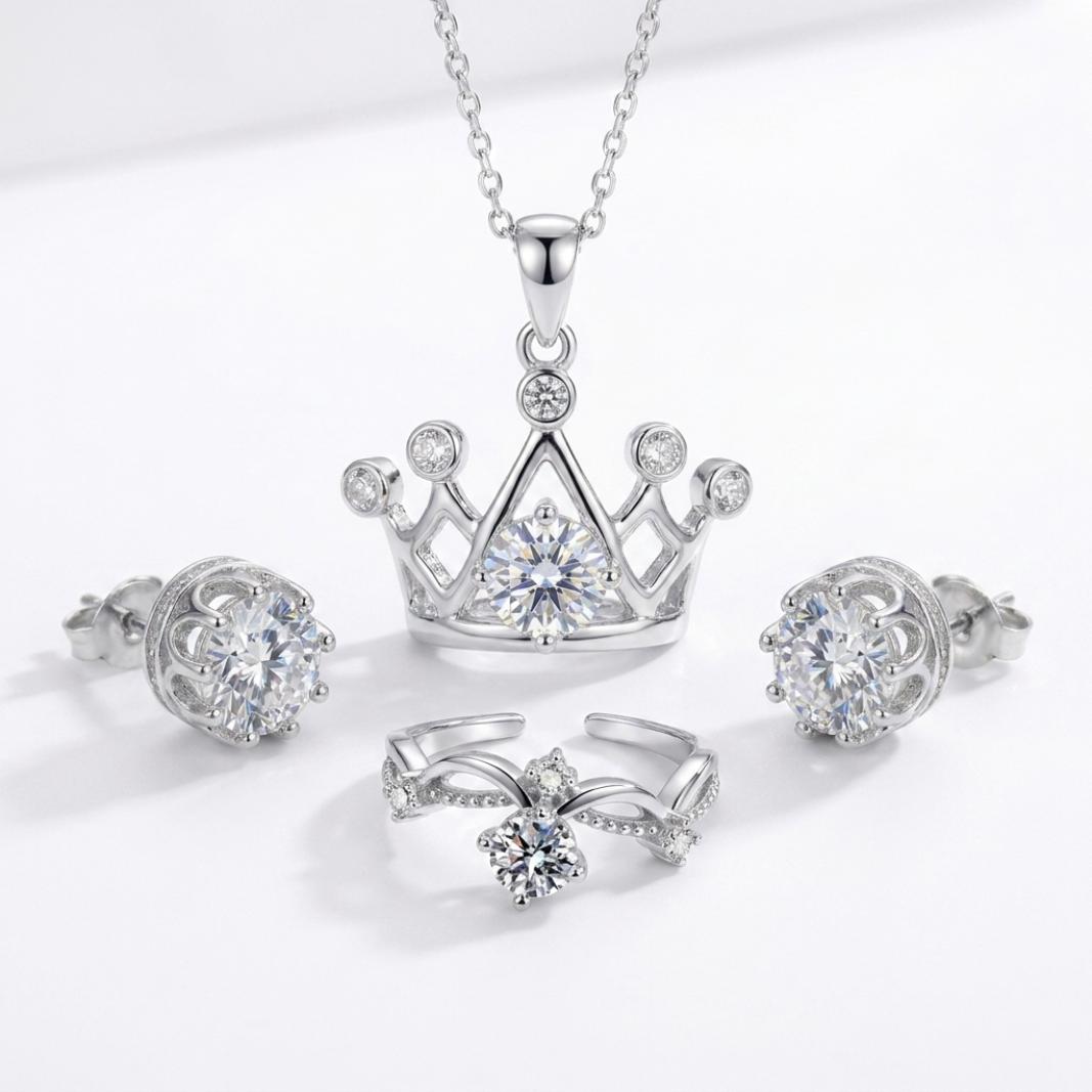 Women's 925 Sterling Silver Crown & Zircon 3-Piece Jewelry Set – Includes Sparkling Pendant Necklace, Adjustable Ring, and Crystal Stud Earrings; A Romantic Birthday or Anniversary Gift – Stylish, Versatile, and Exquisite Accessories for Women