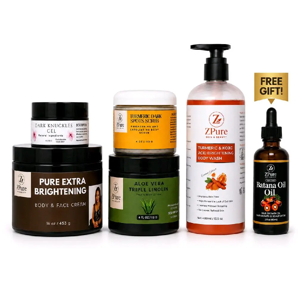 5-Piece Brightening Body Care Set - Free Gift Batana Oil- Hydrating Face/Body Cream, Turmeric Body Wash Soap, Turmeric Dark Spot Scrub, Aloe Vera, Dark Knuckles Repair Gel (16oz,13.5oz,4oz,4oz,1oz) with Mixed Scents, All Moisturize Moisture