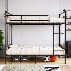Black Twin Over Twin Metal Bunk Bed with Wood Accents, Sturdy Bed Frame, Heavy-Duty Metal Construction, High Guardrail, Detachable Ladder, Convertible Design for Kids, No Box Spring Required