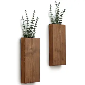 Wood Wall Planter Set of 2, Wall Pocket for Greenery and Dried Flowers, Indoor Wood Hanging Vase, Modern Farmhouse Wall Decor for Living Room Bedroom Office Eucalyptus Stems Decorations