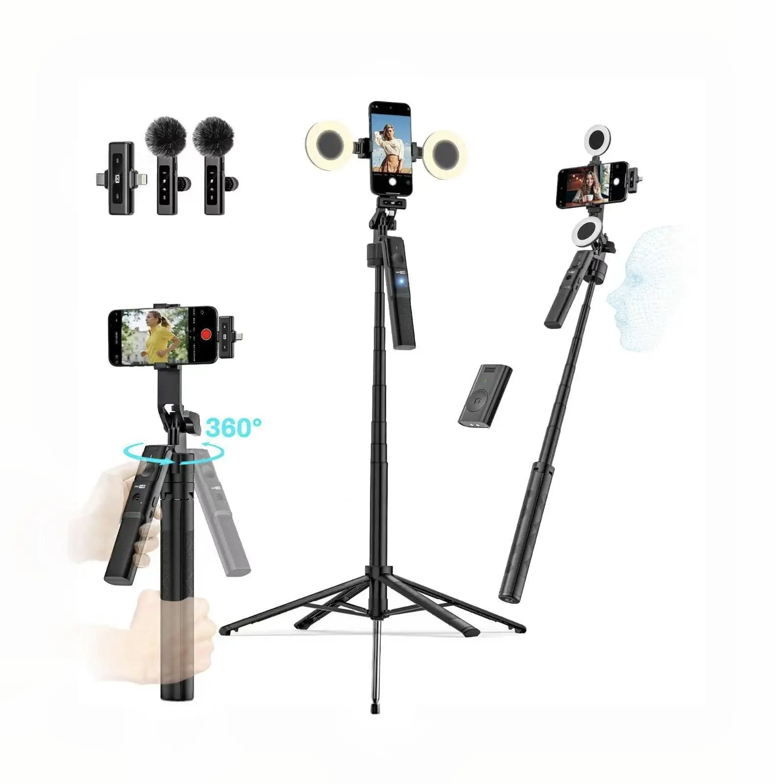 USKEYVISION Magnetic Vlogging Kit for iPhone/Android, 71" Auto Face Tracking Tripod for iPhone with Light, Magnetic Microphone/Remote Control, Content Creator Essentials Starter Kit for TikTok and YouTube