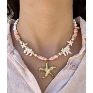 Gold Starfish Choker Necklace for Women, Mixed Sea Shell Beaded Necklace with Faux Pearls, Boho Summer Beach Coastal Coral Shell Chip Jewelry Gift for Her men's stainless steel y2k