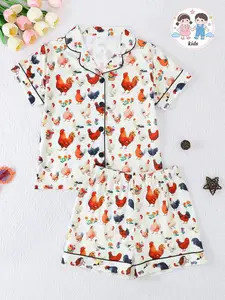 Fire-Retardant Pyjama Set, Short Sleeve Button-Front Cardigan & Shorts, Cartoon Chicken Print, Unisex, All Seasons, Cute Pajamas, Nightwear