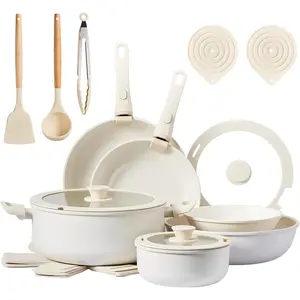GEEKHOM 17/19/20/22/23/ Pcs Nonstick Pots and Pans Set, Cast Aluminum Kitchen Cookware Set with Detachable Handles, RV Kitchen Cooking Set and Utensils, Dishwasher Safe, PFAS PFOA & PFOS Free, Cream White