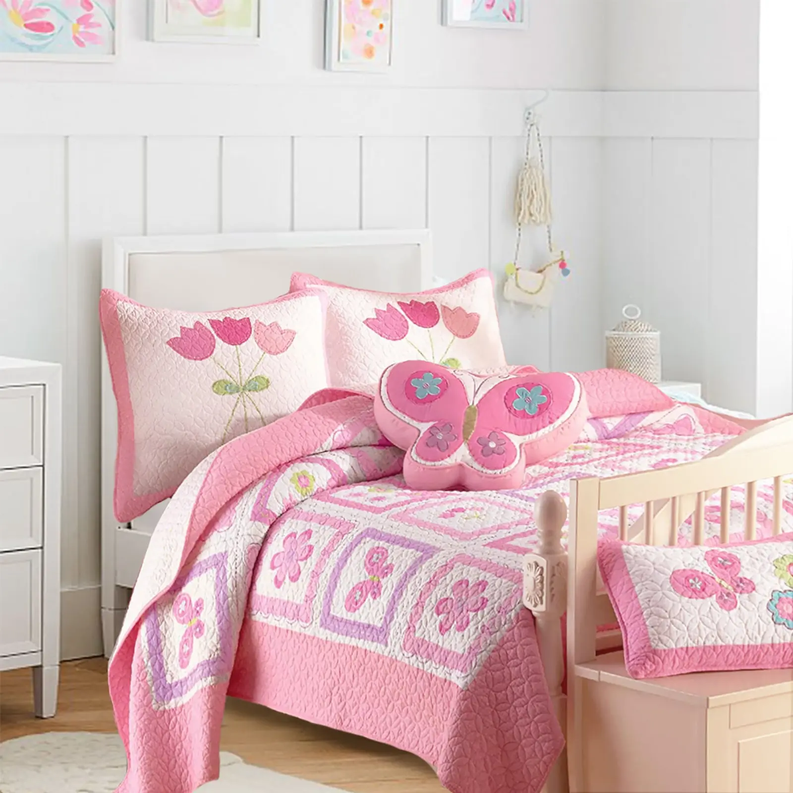 Twin Cotton Reversible Quilt Bedding Set - Embroidered Butterfly Floral Pink Print, Patchwork Design, Sham, Machine Washable, Spot Clean Throw Pillows Compatible