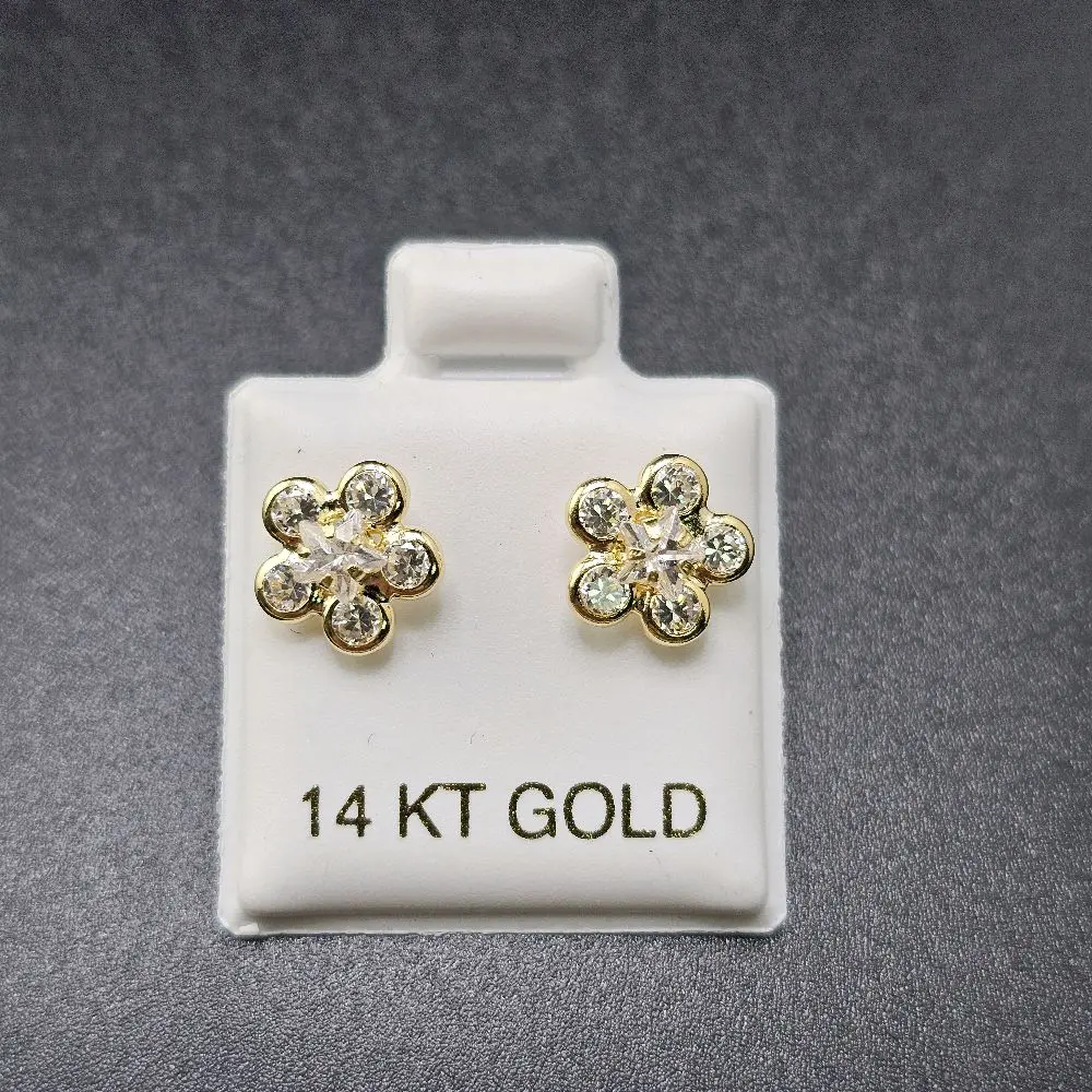 14 KT Gold Casual Earrings for Everyday Wear with Elegant Flower Design and Sparkling Stones