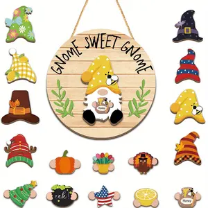 1 Set Gnome Wooden Decorative Plaque & Ornament Welcome Round Door Hanger Interchangeable Seasonal Decor Suitable for Homes, Offices & Cafes Decoration for Thanksgiving, Halloween & Christmas