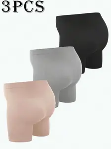 3pcs Seamless High Waist Maternity Panties for Mother Multicolor Plain Knitted Fabric Slight Stretch Office Daily Underwear