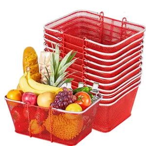 VEVOR Shopping Baskets, 12 PCS, 22L Stackable Metal Grocery Baskets with Handles, Dense Mesh Structure, Holds up to 44 lbs, Portable for Grocery, Retail, Stores, Supermarket, Bookstore, Home Use, Red