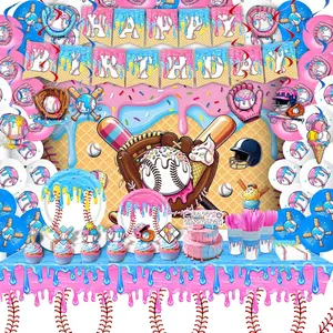 220 Pcs Ice Cream Drip Baseball Birthday Party Decoration Includes Baseball Ice Cream Theme Banner Backdrop Balloon Cake Topper Plate Napkin Paper Cup Tabl