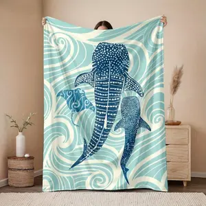 1 Piece Whale Shark Wave Pattern Flannel Blanket Set, Bedroom Decoration and Accessories, Holiday Gift Suitable for Sofa, Bed, Car, Camping,Sealife Blanket,Couch Cozy,Machine Washable Blanket  Lightweight, soft, skin-friendly and breathable