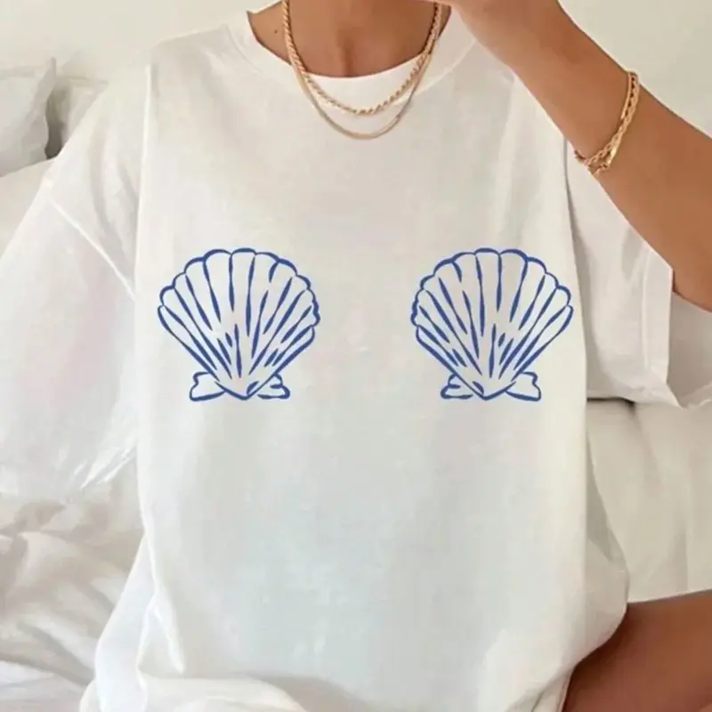 Summer Beach Seashell Graphic T-Shirt, Soft Breathable Oversized Loose-Fit Casual Tee, Y2K Aesthetic Streetwear Top for Women and Teen Girls, Washed Graphic Tee
