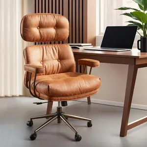 【Limited time deal】 BM-LZR Ergonomic Home Office Chair, Mid-Century Modern Faux Leather Chairs with Thickened Cushions, Comfy High Back Swivel Rolling Executive Computer Armchair (Brown, Suede Leather)