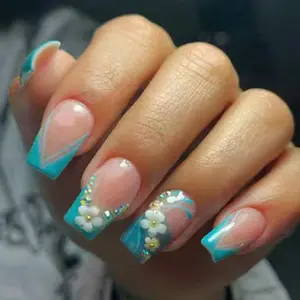 24pcs Medium Long Square Nails, Blue French Tip, Flower Nail Art Stickers, Gold Beads Diamond Design, Nail Art Decoration, Press-On False Nails Set
