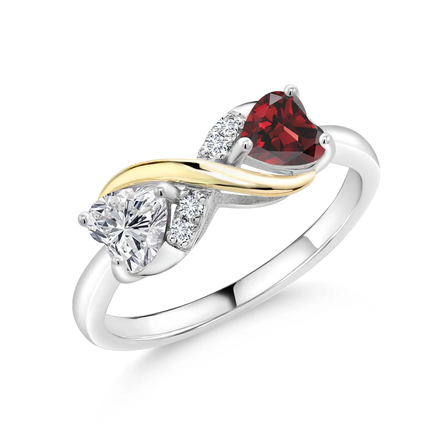 Gem Stone King Gemstone Birthstone and Lab Grown Diamond Eternal Love Heart Infinity Ring for Women | 925 Silver and 10K Yellow Gold | Heart Shape 5MM | Two-Tone Wedding Anniversary Promise Ring
